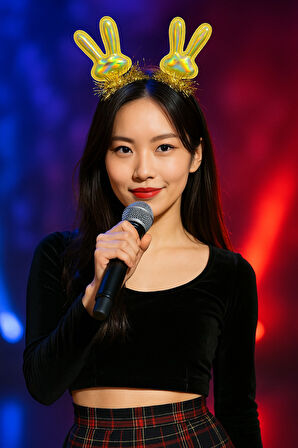 KPop Korean Style Yılbaşı Yeni Yıl Altın Parlak Tavşan Kulaklı Taç Kadın Şarkıcı Sahne Parti Aksesuarı