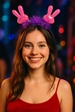 KPop Korean Style Yılbaşı Yeni Yıl Koyu Pembe Tavşan Kulaklı Mor Işıltılı Sahne Şarkıcı Taç Aksesuar