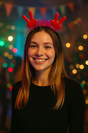 KPop Kore Style Işıltılı Kırmızı El Figürlü Kırmızı Simli Kadın Saç Bandı Yılbaşı Yeni Yıl Sahne Tac