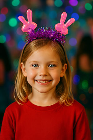 KPop Korean Style Yılbaşı Yeni Yıl Pembe Tavşan Kulaklı Mor Işıltılı Çocuk Parti Taç Aksesuarı