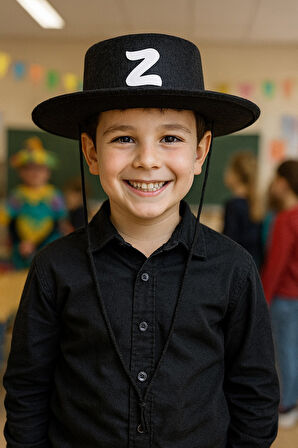 Zorro Çocuk Kostüm Seti Şapka Ve Maske Z Harfli Kahraman Aksesuarı Parti Oyuncak - (6-12 Yaş Arası)