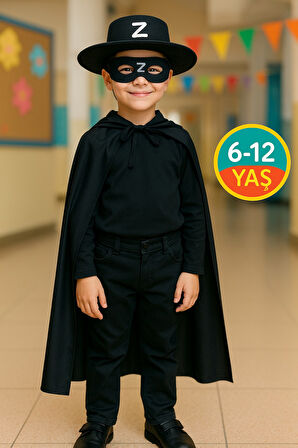 Z Harfli Zorro Şapka Maske Pelerin Çocuk Kostüm Seti 3 Parça Parti Kostüm Seti - (6-12 Yaş Arası)