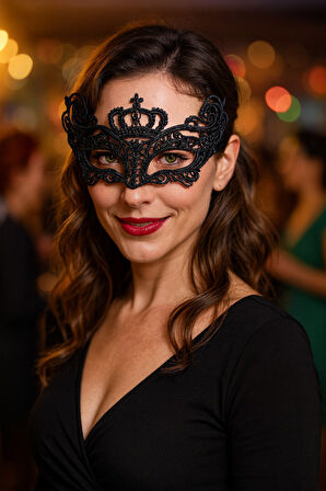 Çift Taraflı Dantelli Siyah Kırmızı Maske Parti Aksesuarı Şık Yüz Maskesi Model - 1