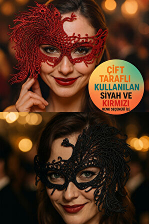 Çift Taraflı Kullanılan Siyah Ve Kırmızı Simli Maske Şık Parti Kostüm Aksesuarı Göz Maskesi Model -9