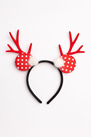 Yılbaşı Geyik Boynuzlu Puf Tüylü Kırmızı Puantiyeli Saç Bandı Çocuk Parti Taç Aksesuar