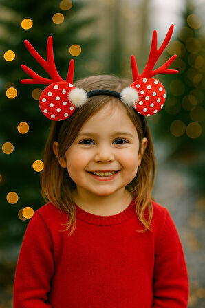 Yılbaşı Geyik Boynuzlu Puf Tüylü Kırmızı Puantiyeli Saç Bandı Çocuk Parti Taç Aksesuar