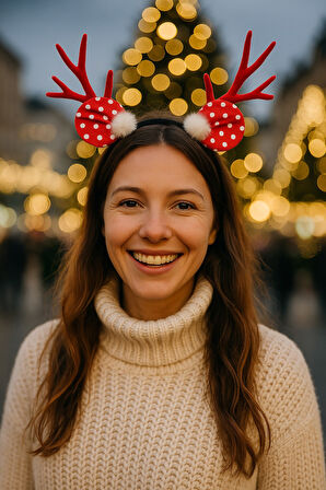 Yılbaşı Geyik Boynuzlu Puf Tüylü Kırmızı Puantiyeli Saç Bandı Yetişkin Kadın Parti Taç Aksesuar