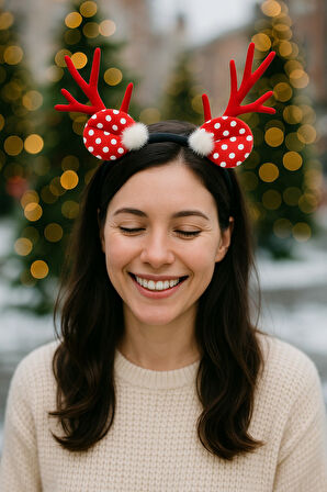 Yılbaşı Geyik Boynuzlu Puf Tüylü Kırmızı Puantiyeli Saç Bandı Yetişkin Kadın Parti Taç Aksesuar