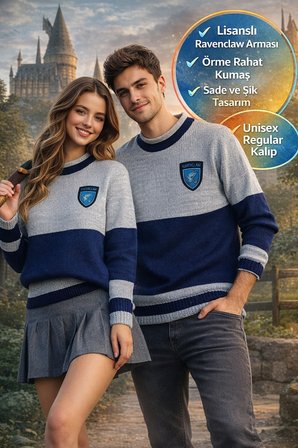 Harry Potter Ravenclaw Quidditch Sweatshirt Lisanslı Örme Kazak Mavi Gri Unisex - L Beden