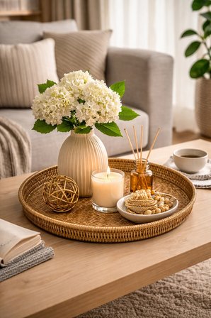 Doğal Hasır Görünümlü Plastik Rattan Tepsi Yuvarlak Dekor Servis Tepsisi Sunum Organizer 40 cm
