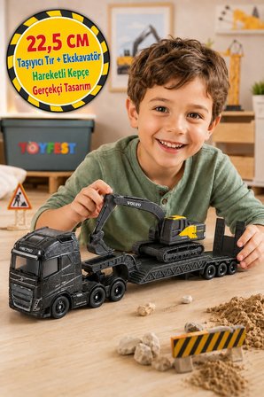 Volvo FH16 Taşıyıcı Tır ve Ekskavatör İnşaat Aracı Oyuncak Seti 22.5 cm
