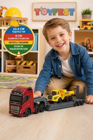 Volvo FH16 Taşıyıcı Tır ve İş Makinesi Seti Kırmızı Çekici Sarı Damperli Kamyon 22.5 CM