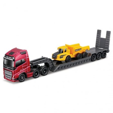 Volvo FH16 Taşıyıcı Tır ve İş Makinesi Seti Kırmızı Çekici Sarı Damperli Kamyon 22.5 CM