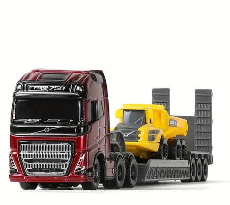 Volvo FH16 Taşıyıcı Tır ve İş Makinesi Seti Kırmızı Çekici Sarı Damperli Kamyon 22.5 CM