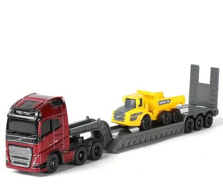 Volvo FH16 Taşıyıcı Tır ve İş Makinesi Seti Kırmızı Çekici Sarı Damperli Kamyon 22.5 CM