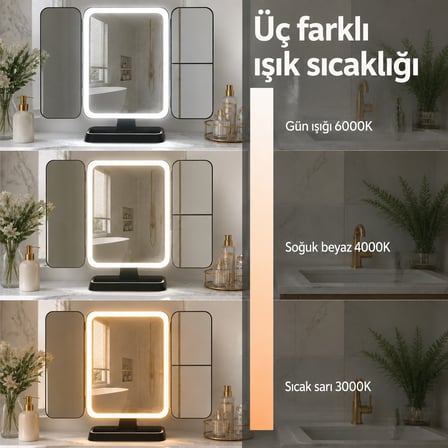 LED Makyaj Aynası Masaüstü 3 Kanatlı 1X 2X 3X Büyütmeli Dokunmatik 3 Renk Şarjlı Siyah 40x14x30 cm