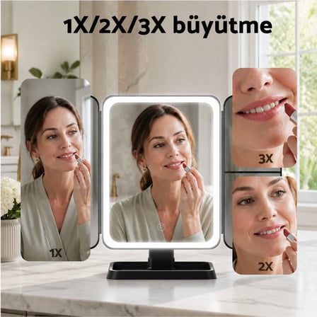 LED Makyaj Aynası Masaüstü 3 Kanatlı 1X 2X 3X Büyütmeli Dokunmatik 3 Renk Şarjlı Siyah 40x14x30 cm