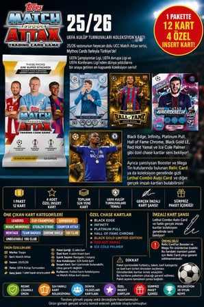 Topps Match Attax 25/26 UEFA Futbol Koleksiyon Kartı 1 Adet Sürpriz Paket 12 Kart 4 Özel Insert