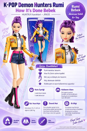 K-Pop Demon Hunters Rumi How It's Done Bebek HUNTR/X Saingeom Aksesuarlı - 29.2 CM
