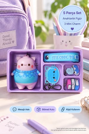 Pembe the Pink Cat Mystery Bento Box 5 Parça Anahtarlık Figür Charm Seti It's Cool to Care 8 cm