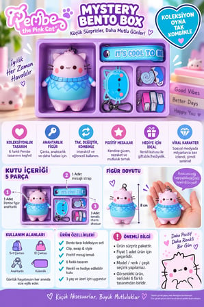 Pembe the Pink Cat Mystery Bento Box 5 Parça Anahtarlık Figür Charm Seti It's Cool to Care 8 cm