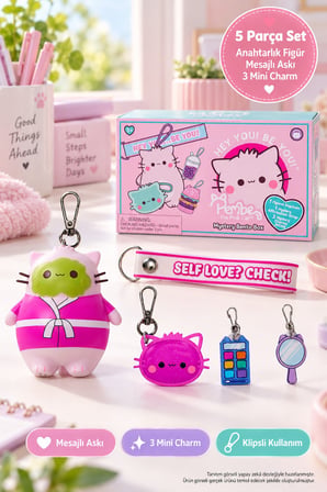 Pembe the Pink Cat Mystery Bento Box 5 Parça Anahtarlık Figür Charm Seti Self Love Check 8 cm