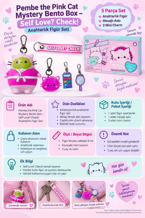 Pembe the Pink Cat Mystery Bento Box 5 Parça Anahtarlık Figür Charm Seti Self Love Check 8 cm