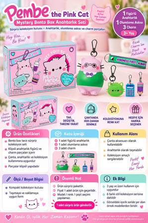 Pembe the Pink Cat Mystery Bento Box 5 Parça Anahtarlık Figür Charm Seti Kindness First Always 8 cm