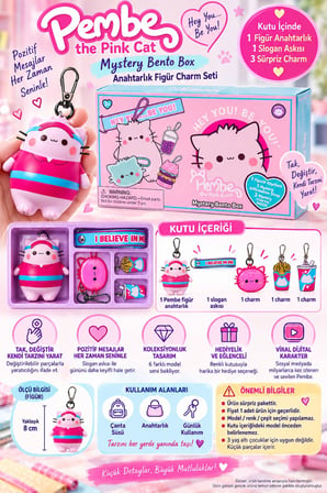Pembe the Pink Cat Mystery Bento Box 5 Parça Anahtarlık Figür Charm Seti I Believe in Me 8 cm
