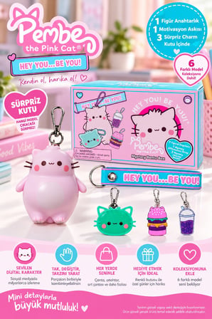 Pembe the Pink Cat Mystery Bento Box 5 Parça Anahtarlık Figür Charm Seti Hey You Be You 8 cm