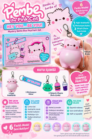 Pembe the Pink Cat Mystery Bento Box 5 Parça Anahtarlık Figür Charm Seti Hey You Be You 8 cm