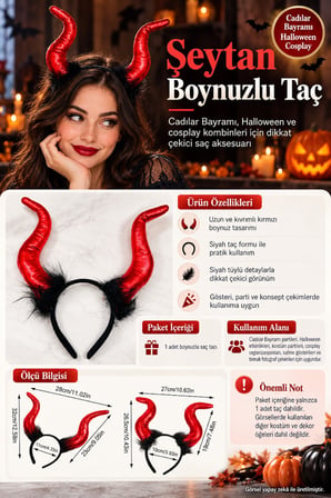 Şeytan Boynuzlu Taç Cadılar Bayramı Halloween Kostüm Tacı Kırmızı Siyah Cosplay