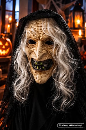 Cadı Maskesi Gri Saçlı Korkunç Yaşlı Cadı Halloween Korku Kostüm Maskesi 