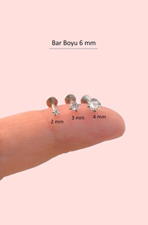 Tektaşlı 3'lü Set Çelik Piercing Tragus Helix Kıkırdak Lob Burun 6 mm Gümüş Renk