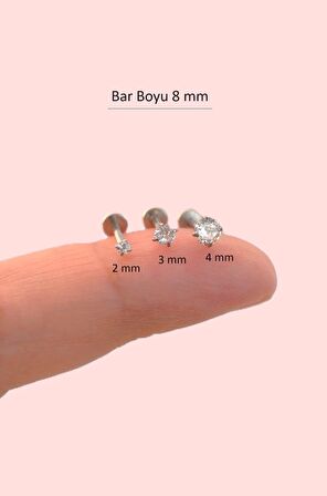 Tektaşlı 3'lü Set Çelik Piercing Tragus Helix Kıkırdak Lob Burun 8 mm Gümüş Renk