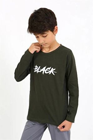 Moda Erkek Çocuk Uzun Kol Penye Pijama Takım Haki