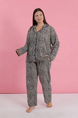 Moda Kadın Büyük Beden Leopar Desenli Düğmeli Pijama Takımı