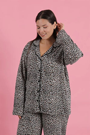 Moda Kadın Büyük Beden Leopar Desenli Düğmeli Pijama Takımı