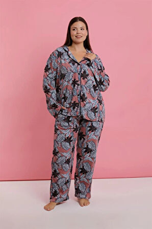 Moda Kadın Büyük Beden Somon Yaprak Desenli Düğmeli Pijama Takımı