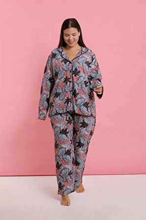 Moda Kadın Büyük Beden Somon Yaprak Desenli Düğmeli Pijama Takımı