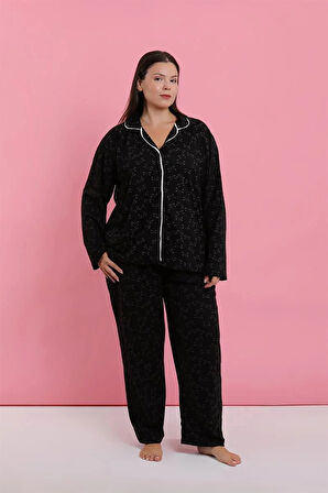 Moda Kadın Büyük Beden Siyah Kırmızı Çiçekli Düğmeli Pijama Takımı