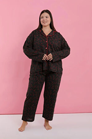 Moda Kadın Büyük Beden Siyah Kırmızı Çiçekli Düğmeli Pijama Takımı