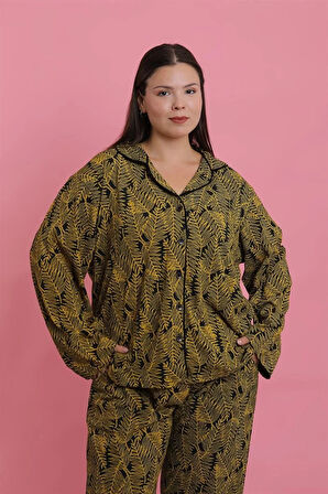 Moda Kadın Büyük Beden Tropikal Yaprak Desenli Düğmeli Pijama Takımı