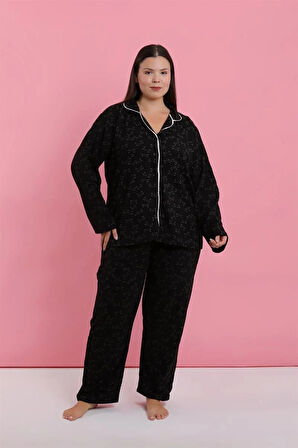 Moda Kadın Büyük Beden Siyah Beyaz Biyeli Desenli Düğmeli Pijama Takımı