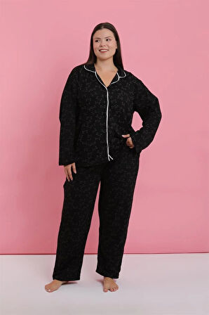 Moda Kadın Büyük Beden Siyah Beyaz Biyeli Desenli Düğmeli Pijama Takımı