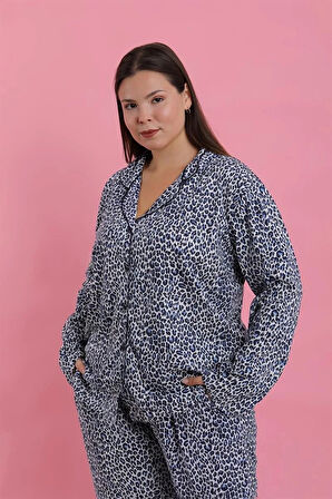 Moda Kadın Büyük Beden Mavi Leopar Desenli Düğmeli Pijama Takımı