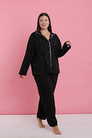 Moda Kadın Büyük Beden Siyah Beyaz Biyeli Desenli Düğmeli Pijama Takımı