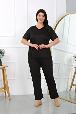 Moda Kadın Büyük Beden Kısa Kol Penye Pijama Takımı Siyah