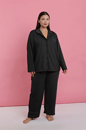 Moda Kadın Büyük Beden Füme Düğmeli Pijama Takımı