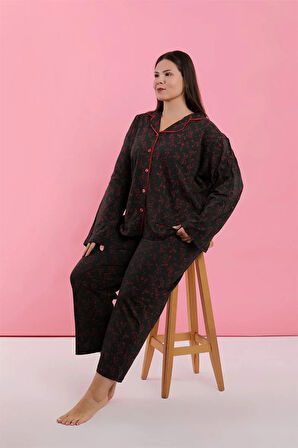 Moda Kadın Büyük Beden Siyah Kırmızı Çiçekli Düğmeli Pijama Takımı